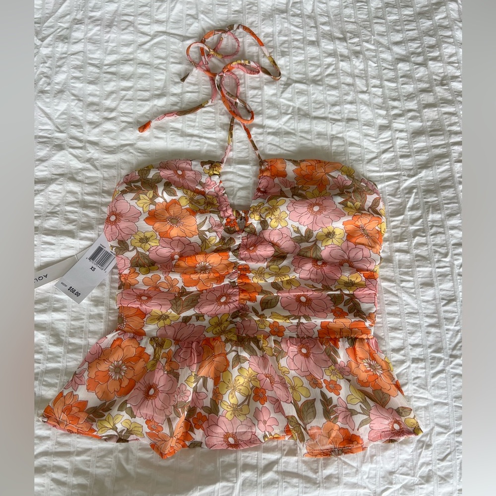 Aqua floral ruffled halter crop top, xs nwt